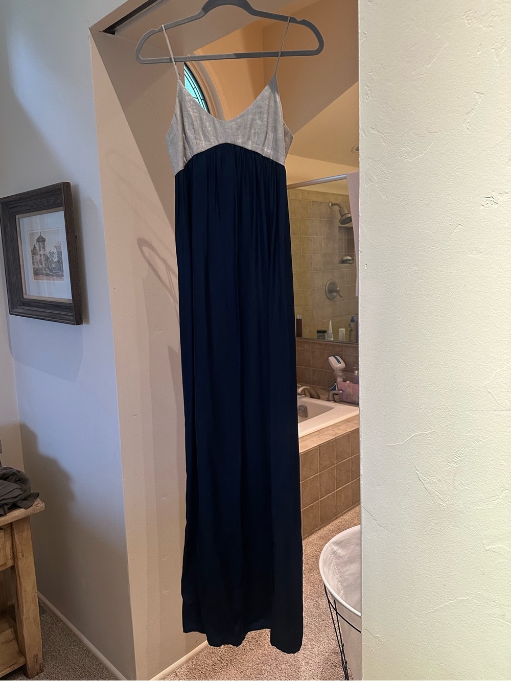 L'agence Silver & Navy silk Spaghetti Strap Maxi Dress